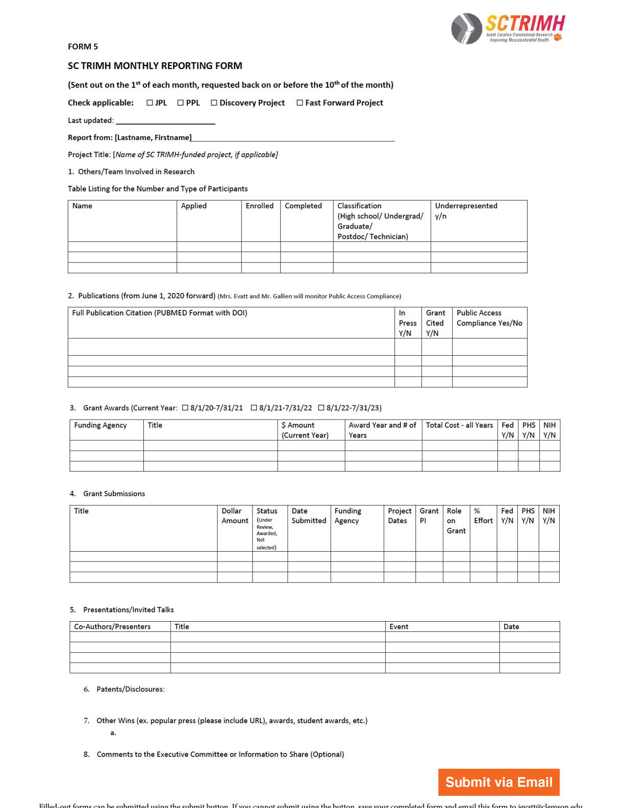 Monthly reporting form