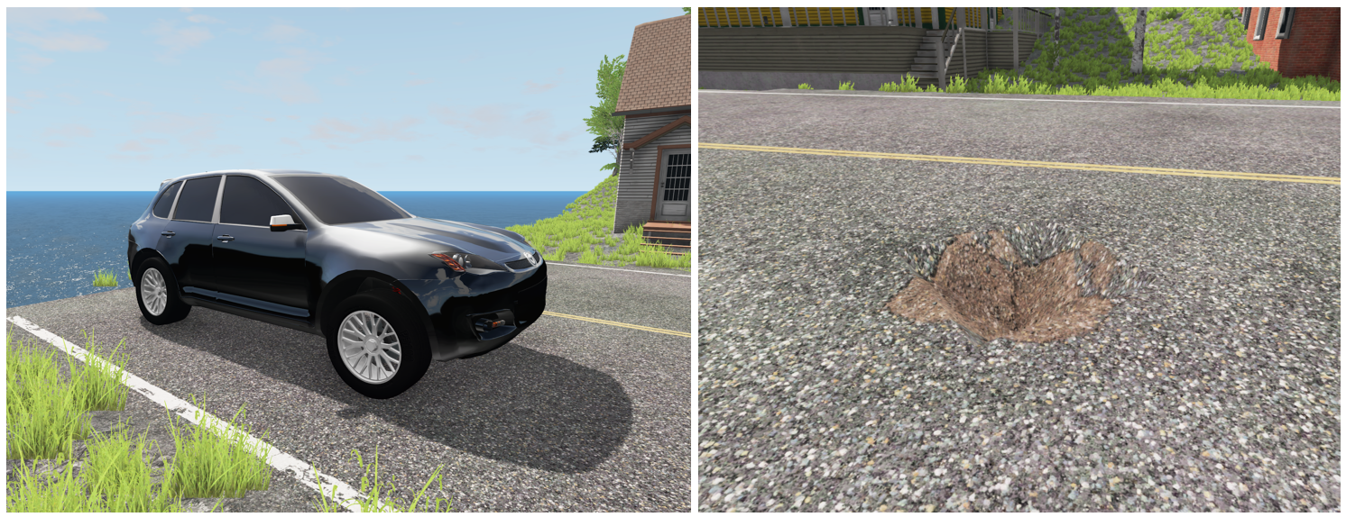 BeamNG simulation environment and one example of potholes