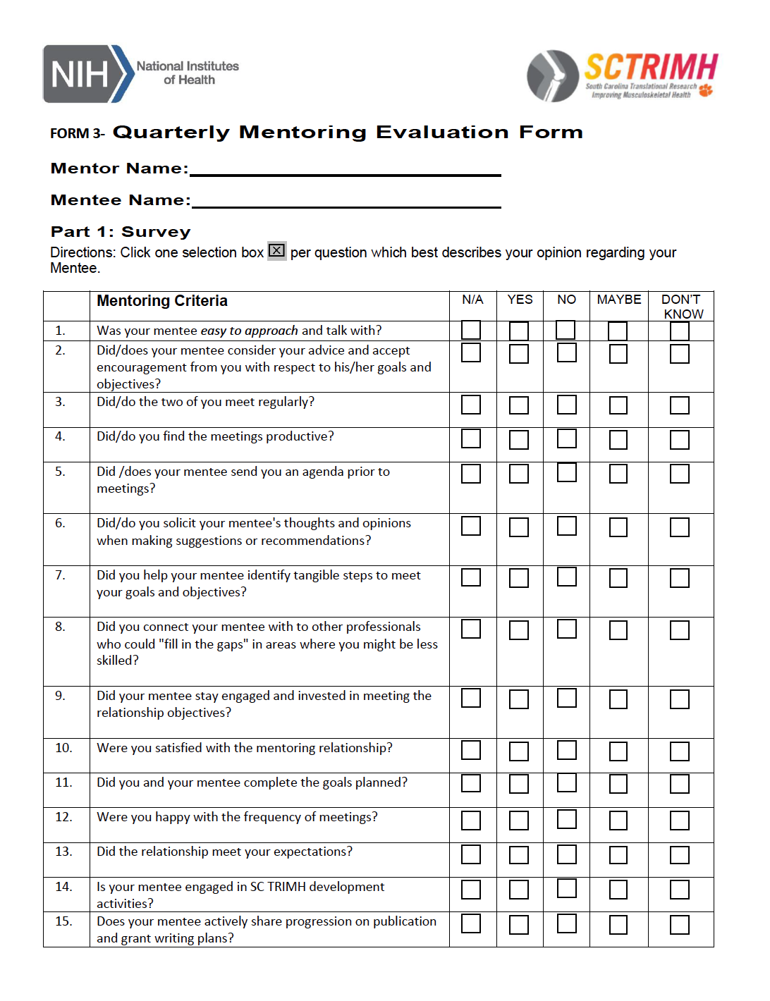 Quarterly mentoring evaluation form