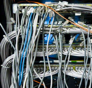 Cables in a rack of electronic equipment