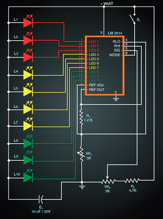Schematic of Battery Voltage Level Indicator circuit